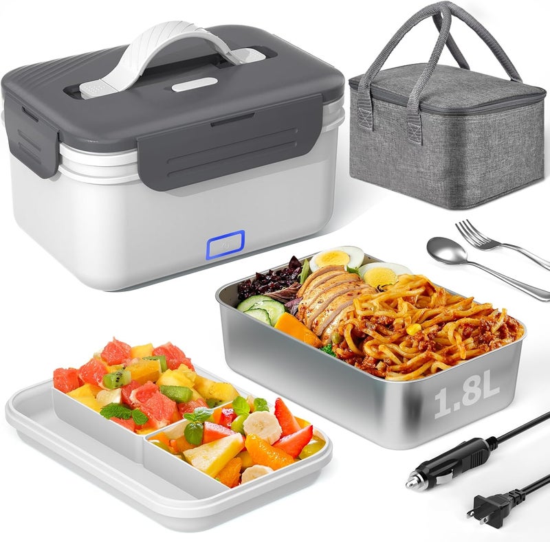 Akhia Electric Lunch Box for Adults, 100W/1.8L Heated Lunch Box for Men Work/Car/Truck, Portable Food Warmer Lunch Box Upgraded with Fork&Spoon and Insulated Carry Bag, 12V/24V/110V - Image 1